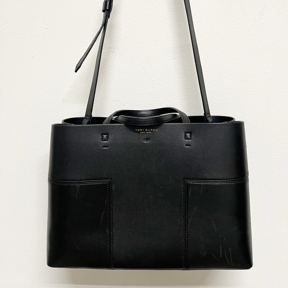 Tory Burch New York Womens Black Leather Structured Large Block T Tote - Picture 6 of 11